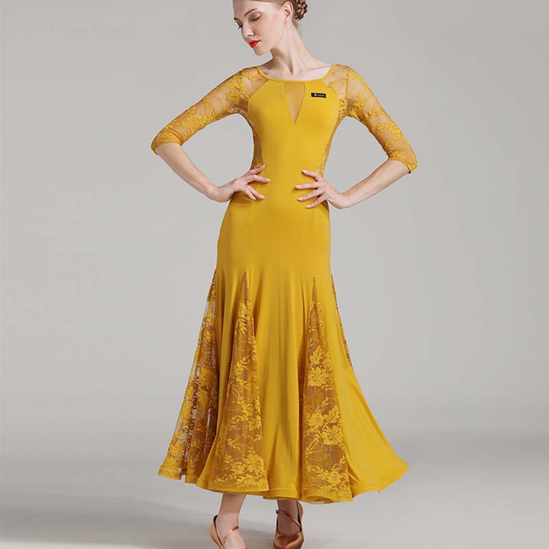 Women's Long Sleeve Lace Modern Dance Dresses Ballroom Dance costume Big Swing Dress
