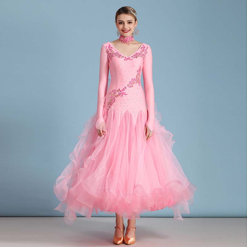 Women's Long Sleeve Waltz Modern Ballroom Dance Dress Competition Dresses