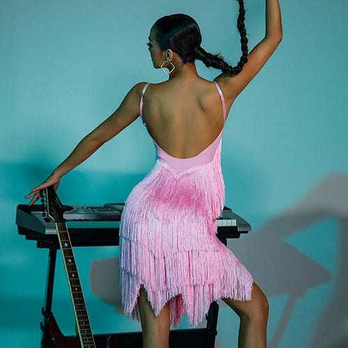 WJJ Women's Pink Tassel Latin Dress Dance Wear Training Performance Dress
