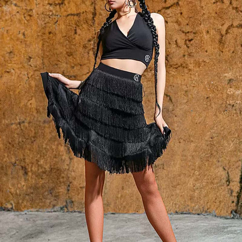 HC- Women's Black Multilayered Tassel Dance Skirts Training Performance Skirts