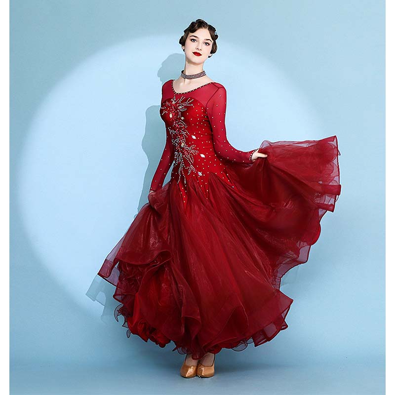 Customisable-Women's Long Sleeve Waltz Modern Ballroom Dance Dress Competition Dresses Performance wear