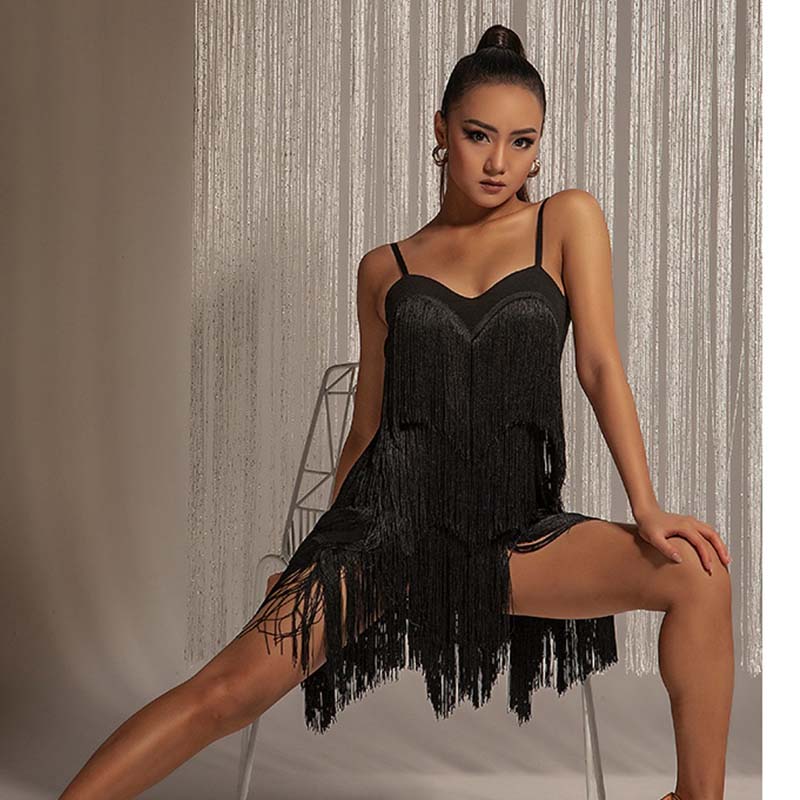 WJJ Women's Black Tassel Latin Dress Dance Wear Training Performance Dress