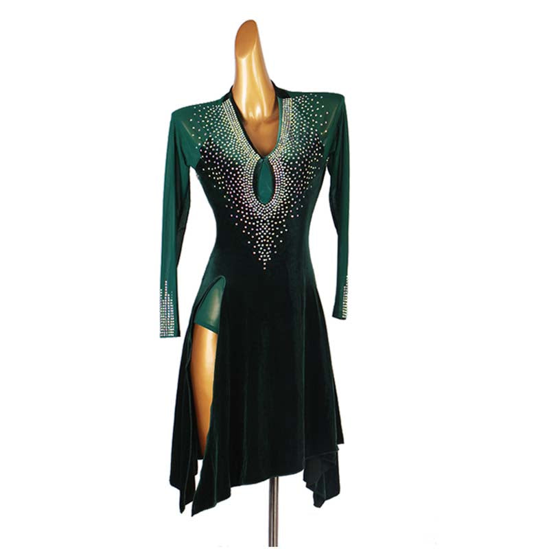 Customisable-Women's Performance Long Sleeve Velvet Tassels Latin Salsa Dance Dress Competition Dress
