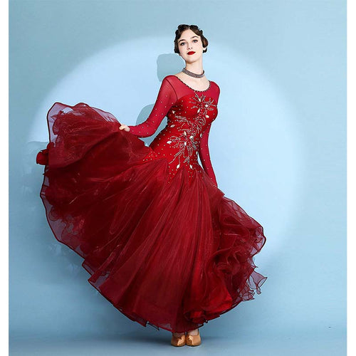 Customisable-Women's Long Sleeve Waltz Modern Ballroom Dance Dress Competition Dresses Performance wear