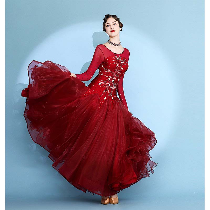 Customisable-Women's Long Sleeve Waltz Modern Ballroom Dance Dress Competition Dresses Performance wear