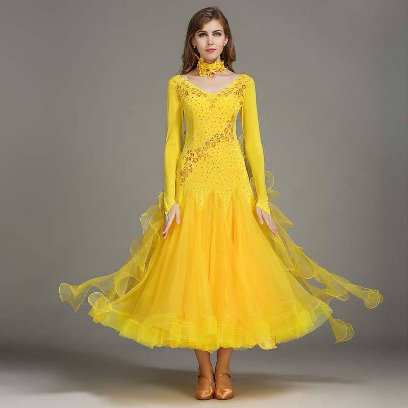 Women's Long Sleeve Waltz Modern Ballroom Dance Dress Competition Dresses