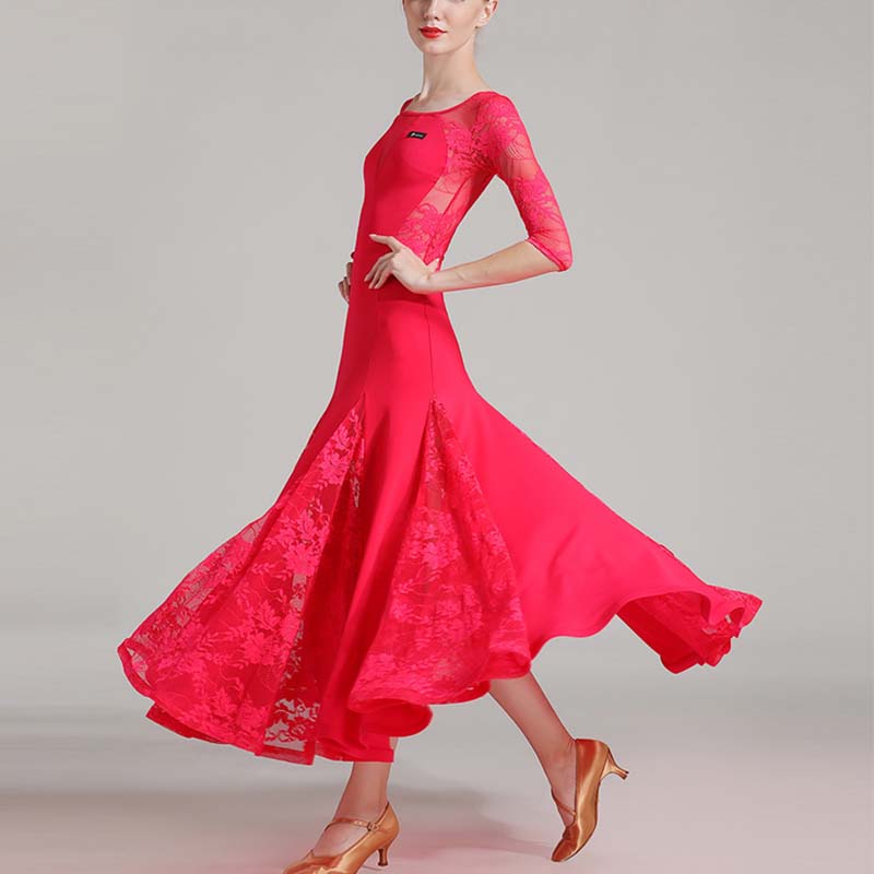 Women's Long Sleeve Lace Modern Dance Dresses Ballroom Dance costume Big Swing Dress