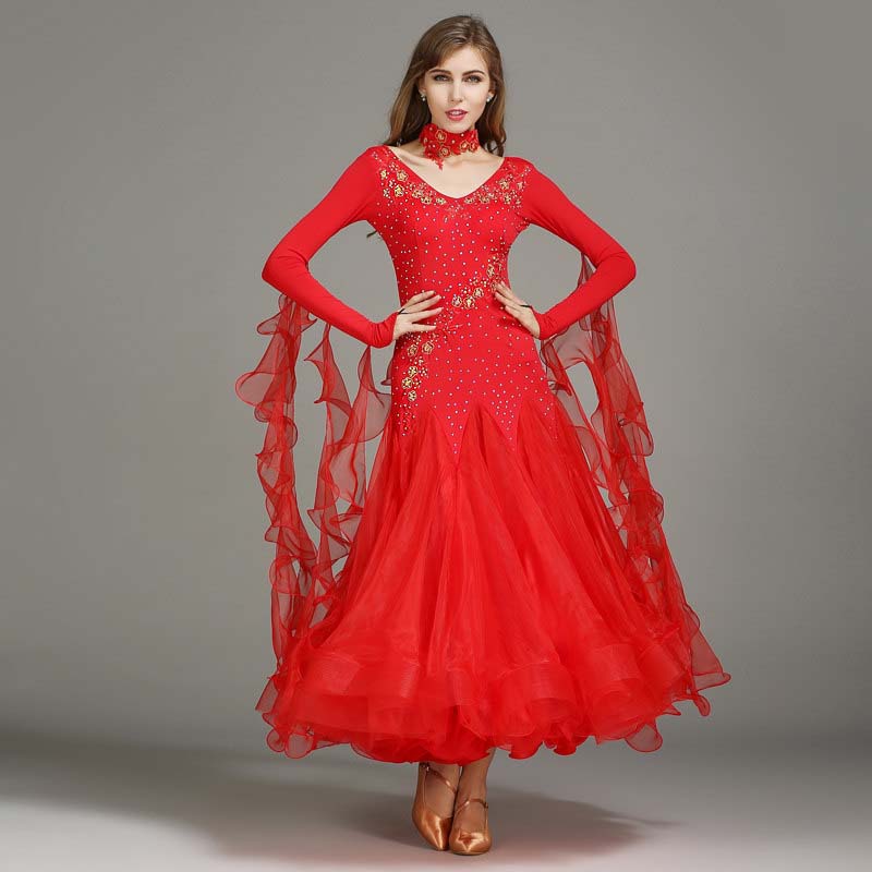 Women's Long Sleeve Waltz Modern Ballroom Dance Dress Competition Dresses