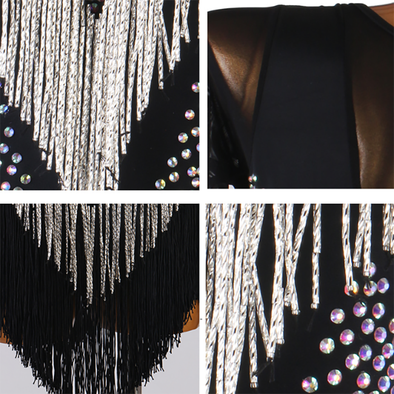 Customisable-Women's Black Long Sleeve Sequin Tassel Dance Dresses Performance Dresses