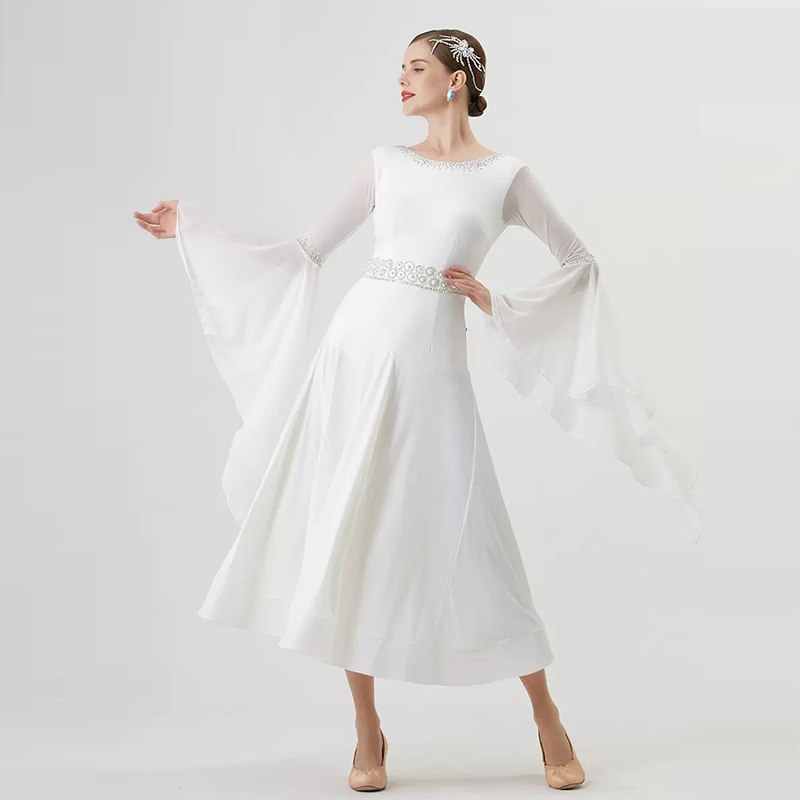 YUN Customisable-Women's Long Sleeve Backless Diamonds Waltz Modern Ballroom Dance Dress Competition Dresses