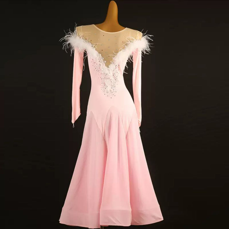 Customisable-Women's Pink Round Neck Long Sleeve DanceWear Ballroom Dance Dress