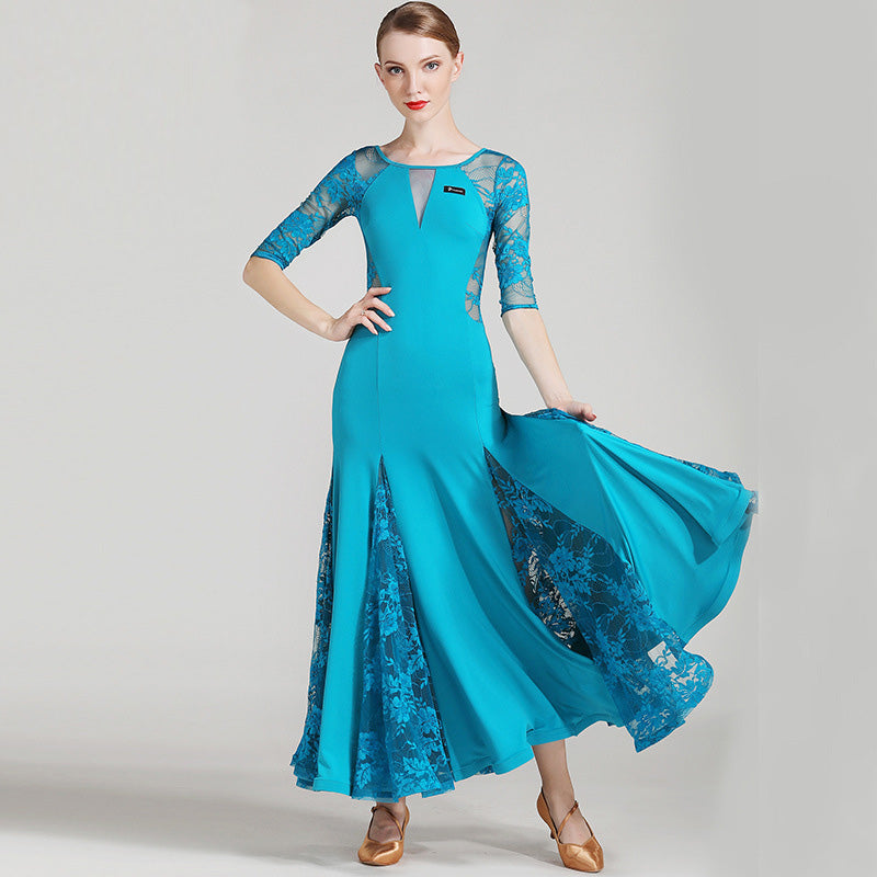Women's Long Sleeve Lace Modern Dance Dresses Ballroom Dance costume Big Swing Dress