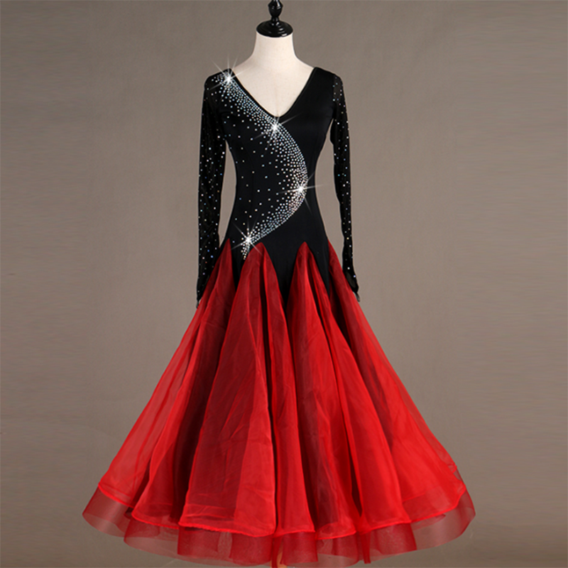 Customisable-Women's Long Sleeve Diamond Waltz Ballroom Dance Competition Modern Dance Large Swing Dress