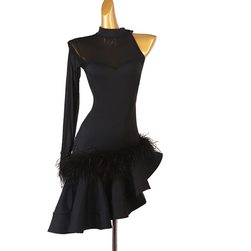 Customisable-Women's Black Slant Shoulder Feather Rumba Latin Dance Practice Dresses Performance Dresses