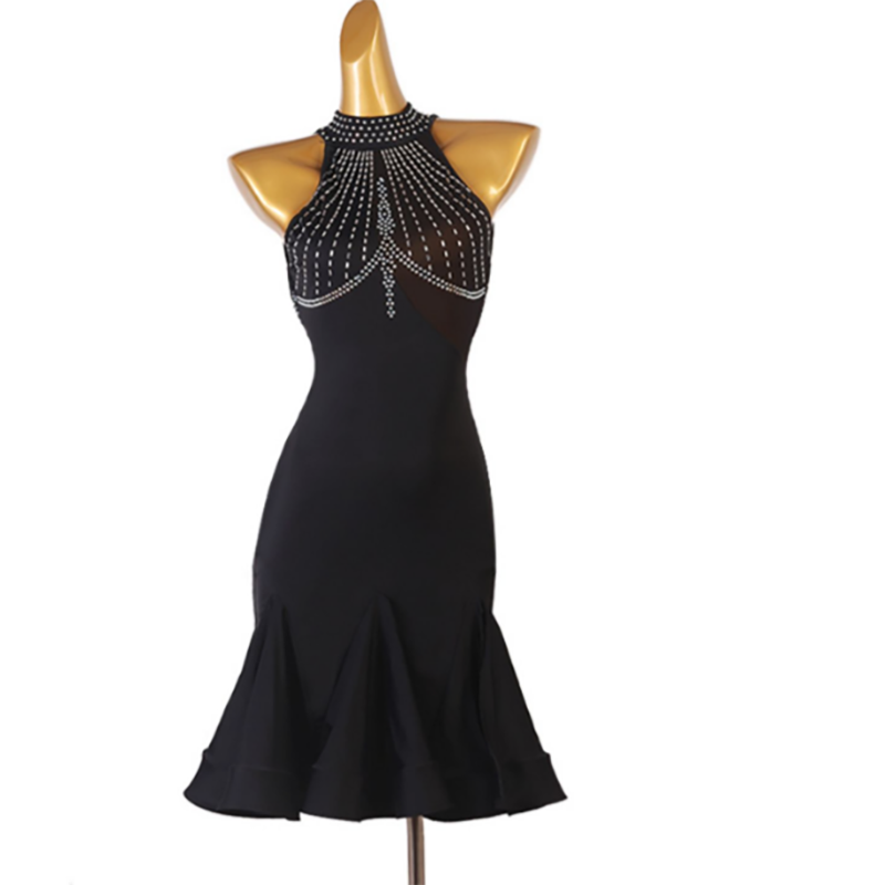 Customisable-Women's Black Rhinestone Rumba Latin Dance Dresses Performance Dresses