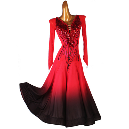 Customisable-Women's Long Sleeve Sequins Diamonds Waltz Ballroom Dance Competition Modern Dance Large Swing Dress