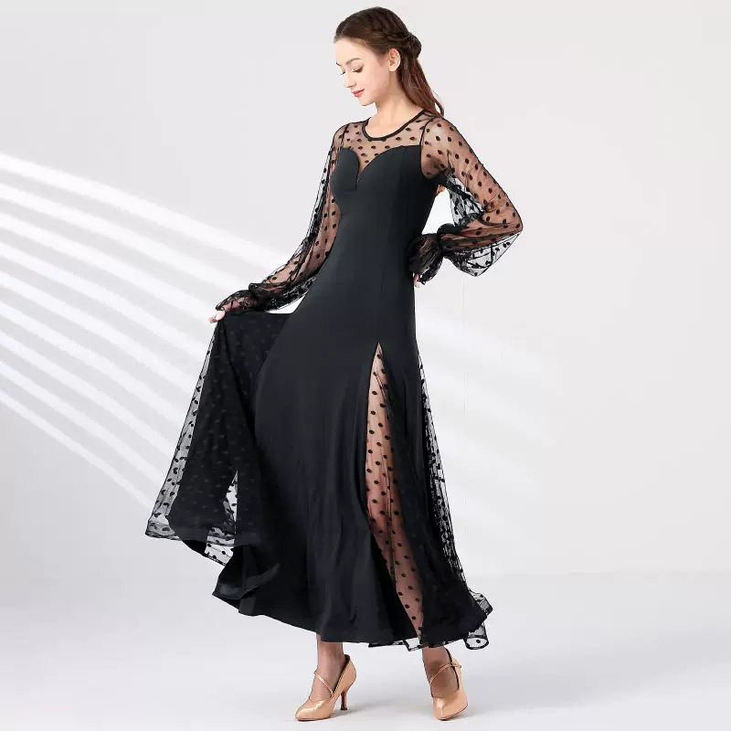 Women's Polka Mesh Modern Dance Performance Dress Waltz Ballroom Dance Dress