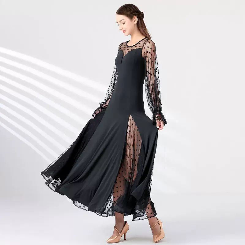 Women's Polka Mesh Modern Dance Performance Dress Waltz Ballroom Dance Dress