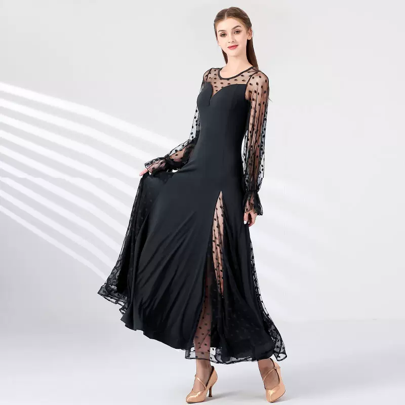 Women's Polka Mesh Modern Dance Performance Dress Waltz Ballroom Dance Dress