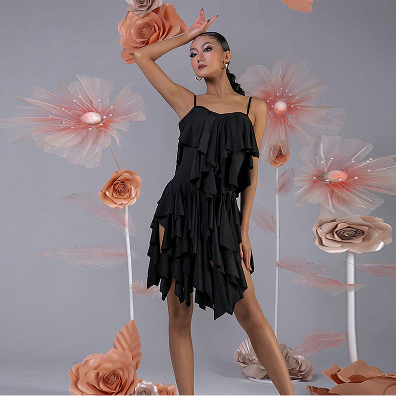WJJ Women's Milk Silk Spaghetti Strap Latin Dance Dress Training Performance Dress