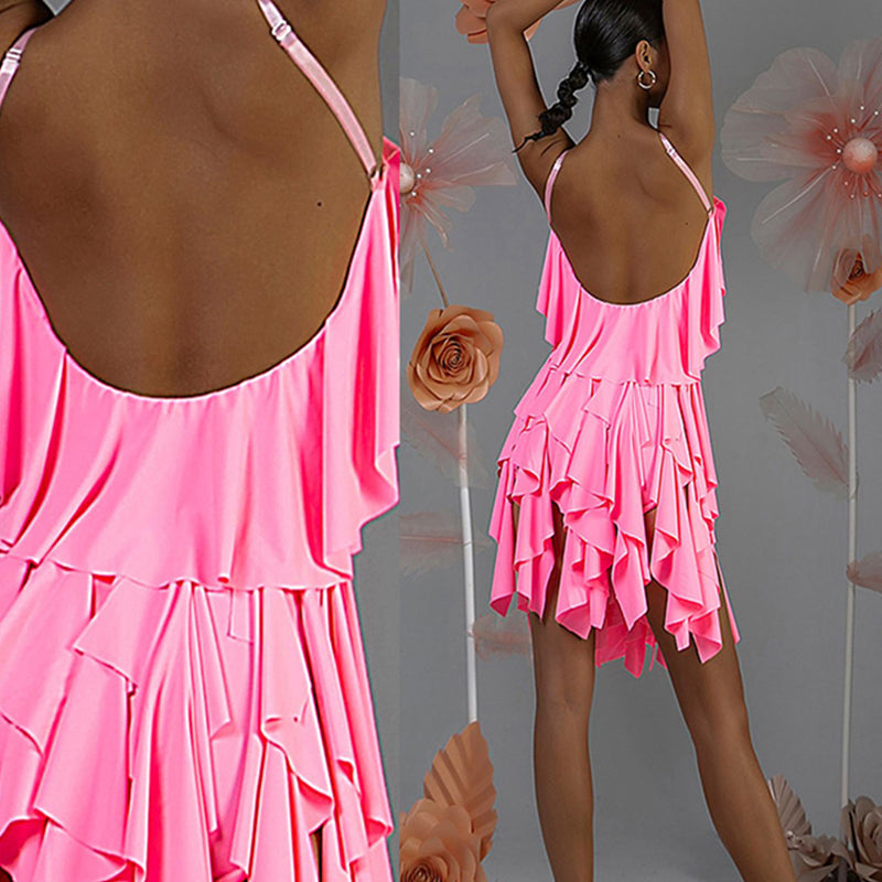 WJJ Women's Milk Silk Spaghetti Strap Latin Dance Dress Training Performance Dress