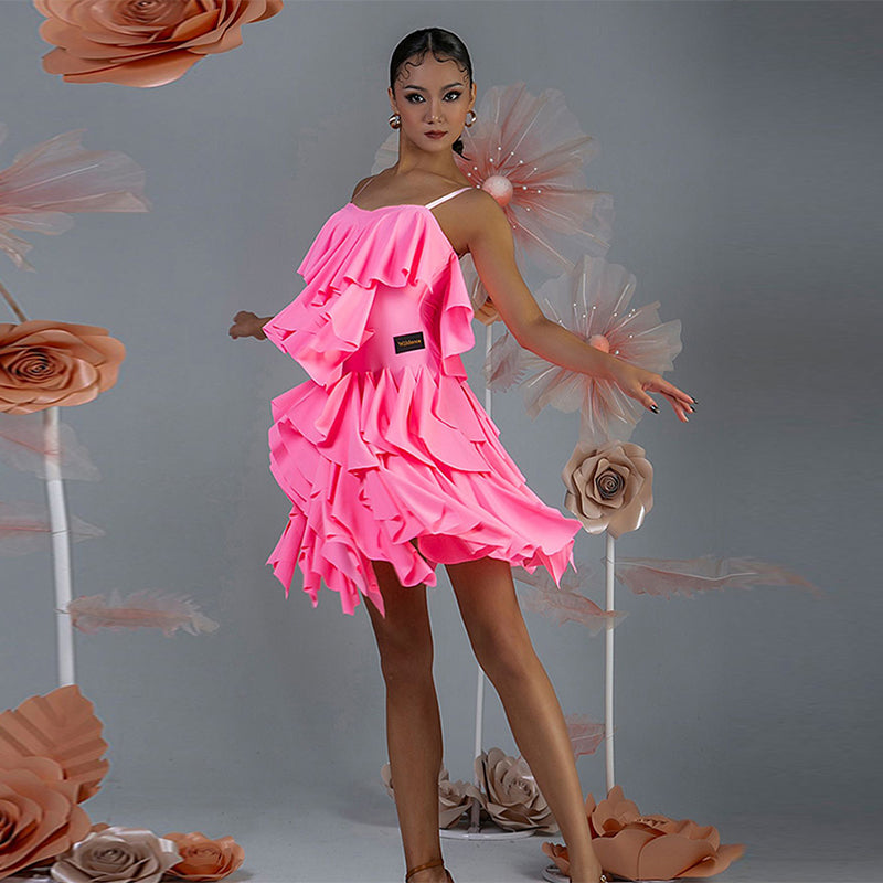 WJJ Women's Milk Silk Spaghetti Strap Latin Dance Dress Training Performance Dress