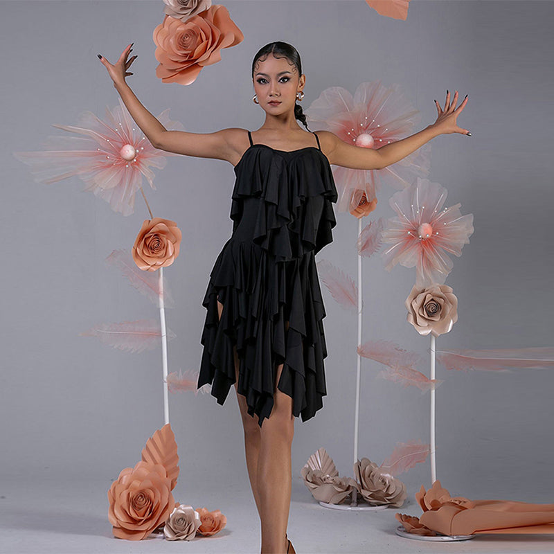 WJJ Women's Milk Silk Spaghetti Strap Latin Dance Dress Training Performance Dress