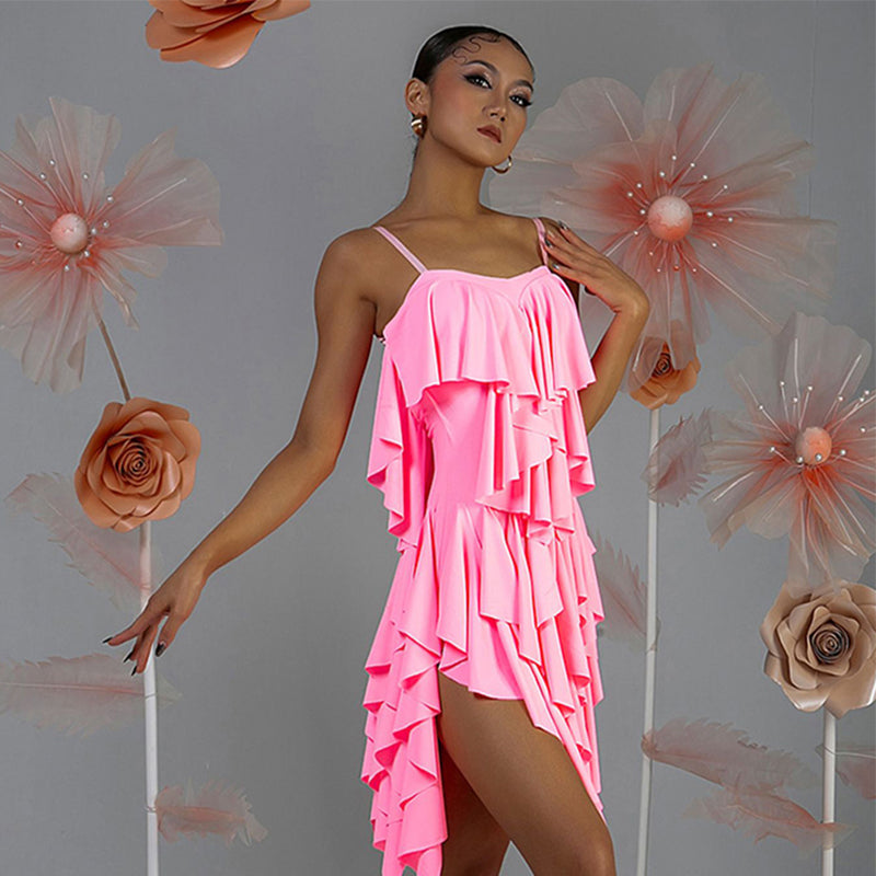 WJJ Women's Milk Silk Spaghetti Strap Latin Dance Dress Training Performance Dress