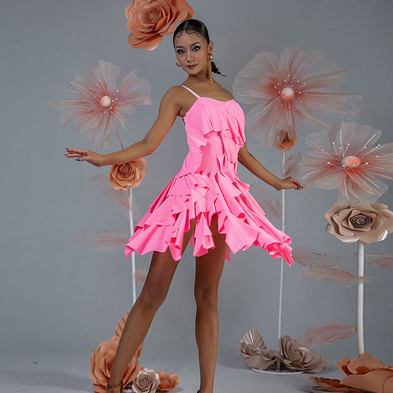 WJJ Women's Milk Silk Spaghetti Strap Latin Dance Dress Training Performance Dress