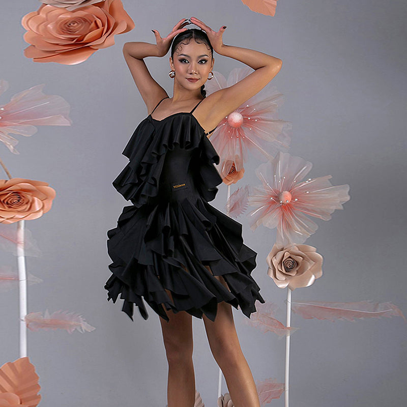 WJJ Women's Milk Silk Spaghetti Strap Latin Dance Dress Training Performance Dress