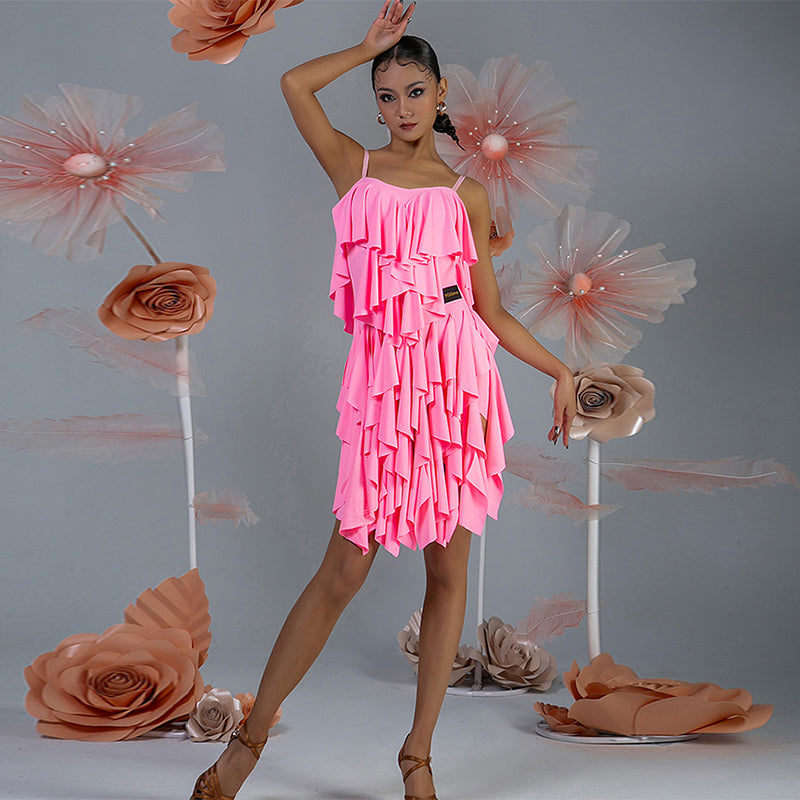 WJJ Women's Milk Silk Spaghetti Strap Latin Dance Dress Training Performance Dress