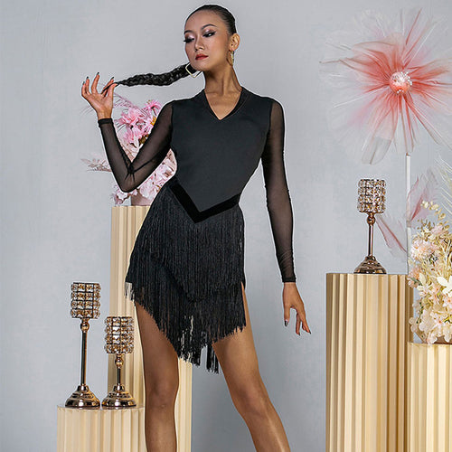 WJJ Women's Milk Silk Long Sleeve Tassel Latin Dance Dress Training Performance Dress