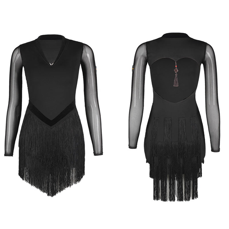 WJJ Women's Milk Silk Long Sleeve Tassel Latin Dance Dress Training Performance Dress