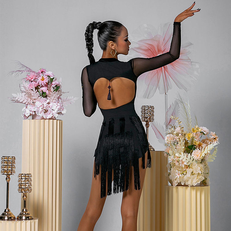 WJJ Women's Milk Silk Long Sleeve Tassel Latin Dance Dress Training Performance Dress