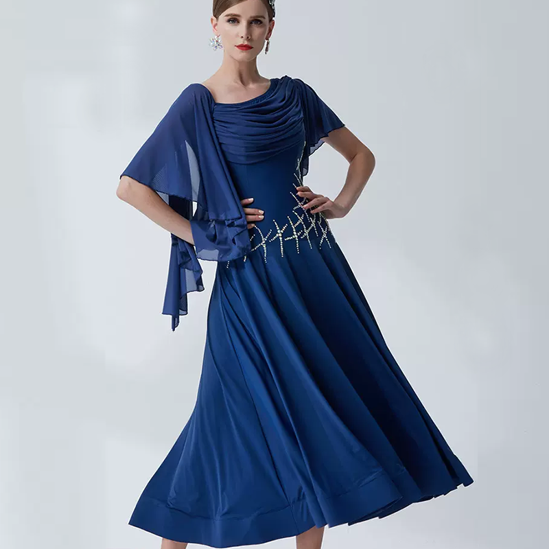 YUN Customisable-Women's Batwing Sleeve Diamonds Waltz Modern Ballroom Dance Dress Competition Dress