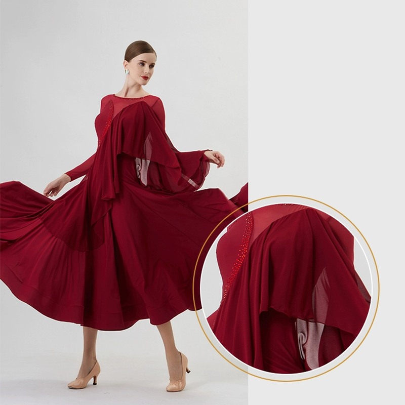 YUN Customisable-Women's Long Sleeve Mesh Round Neck Diamonds Waltz Modern Ballroom Dance Dress Competition Dresses