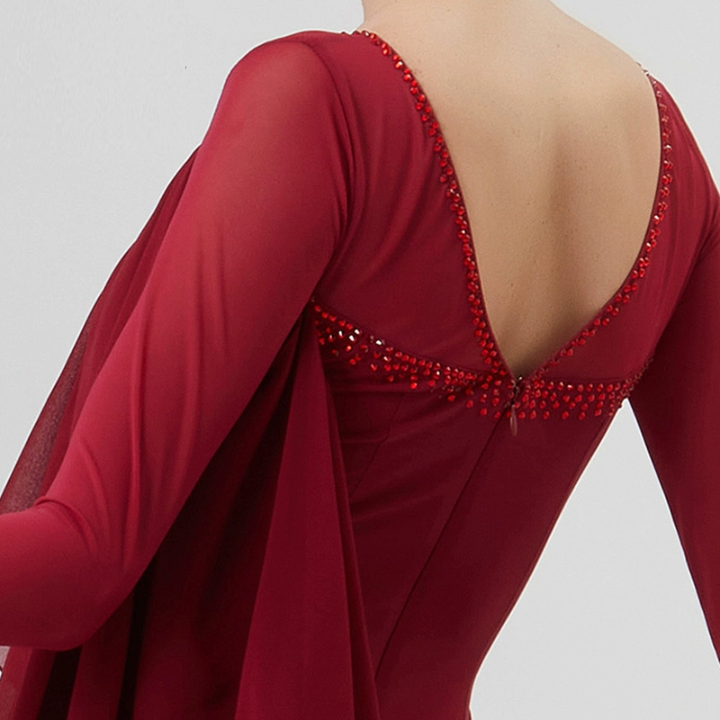 YUN Customisable-Women's Long Sleeve Mesh Round Neck Diamonds Waltz Modern Ballroom Dance Dress Competition Dresses
