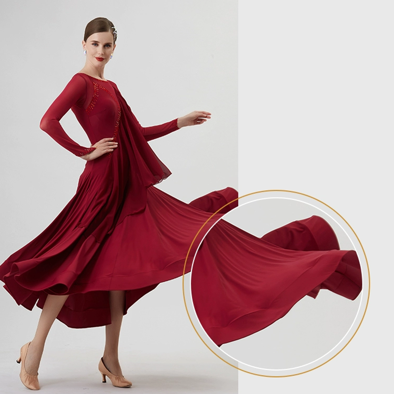 YUN Customisable-Women's Long Sleeve Mesh Round Neck Diamonds Waltz Modern Ballroom Dance Dress Competition Dresses
