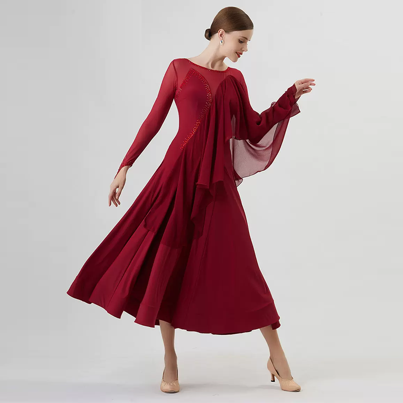 YUN Customisable-Women's Long Sleeve Mesh Round Neck Diamonds Waltz Modern Ballroom Dance Dress Competition Dresses