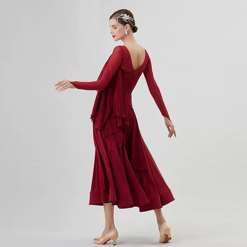 YUN Customisable-Women's Long Sleeve Mesh Round Neck Diamonds Waltz Modern Ballroom Dance Dress Competition Dresses