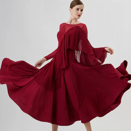 YUN Customisable-Women's Long Sleeve Mesh Round Neck Diamonds Waltz Modern Ballroom Dance Dress Competition Dresses
