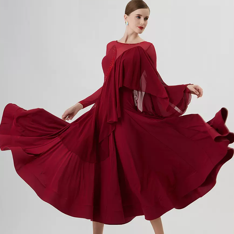 YUN Customisable-Women's Long Sleeve Mesh Round Neck Diamonds Waltz Modern Ballroom Dance Dress Competition Dresses