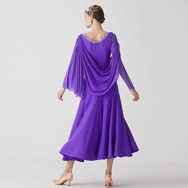 YUN Customisable-Women's Long Sleeve Mesh Round Neck Diamonds Waltz Modern Ballroom Dance Dress Competition Dresses