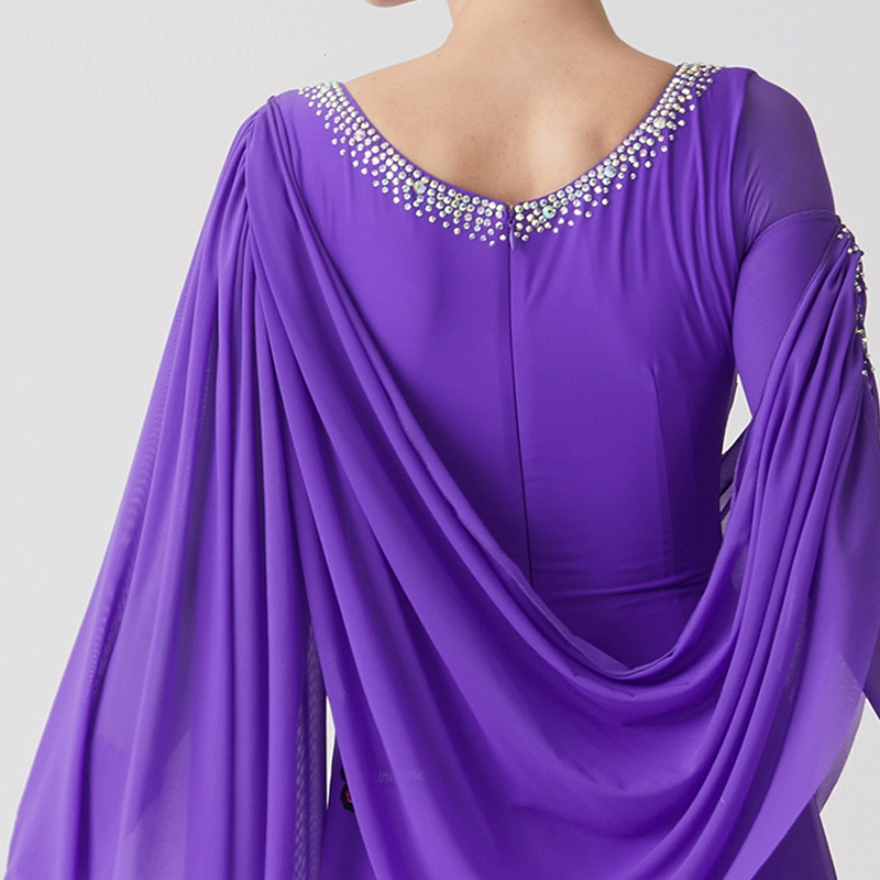 YUN Customisable-Women's Long Sleeve Mesh Round Neck Diamonds Waltz Modern Ballroom Dance Dress Competition Dresses