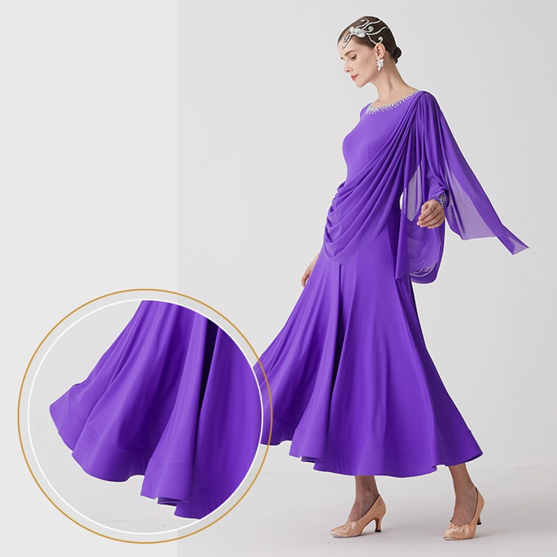 YUN Customisable-Women's Long Sleeve Mesh Round Neck Diamonds Waltz Modern Ballroom Dance Dress Competition Dresses