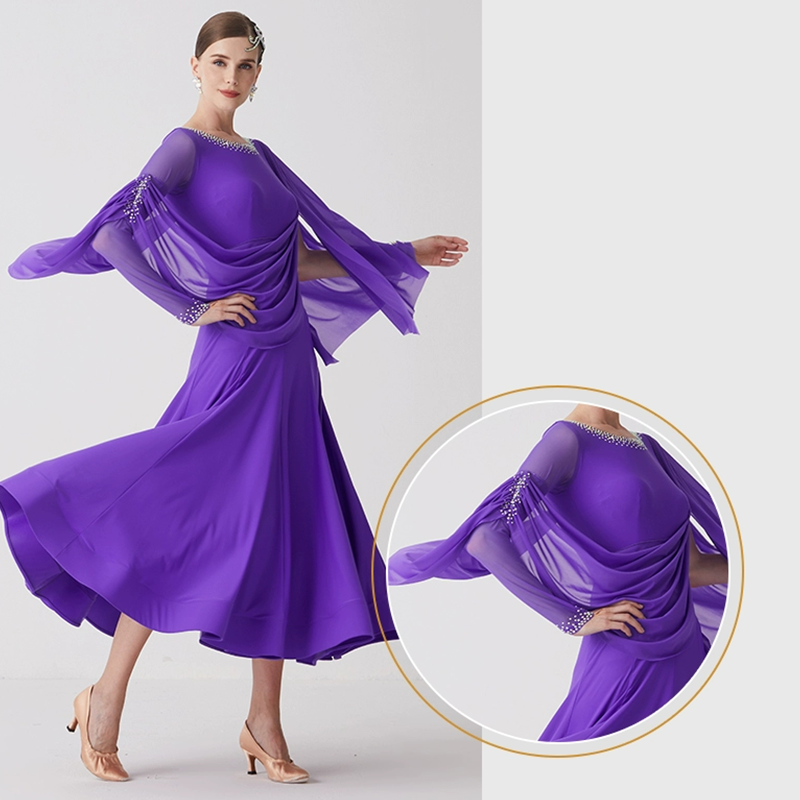 YUN Customisable-Women's Long Sleeve Mesh Round Neck Diamonds Waltz Modern Ballroom Dance Dress Competition Dresses