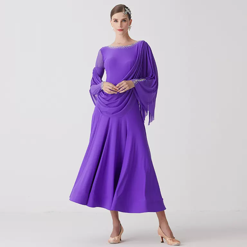 YUN Customisable-Women's Long Sleeve Mesh Round Neck Diamonds Waltz Modern Ballroom Dance Dress Competition Dresses