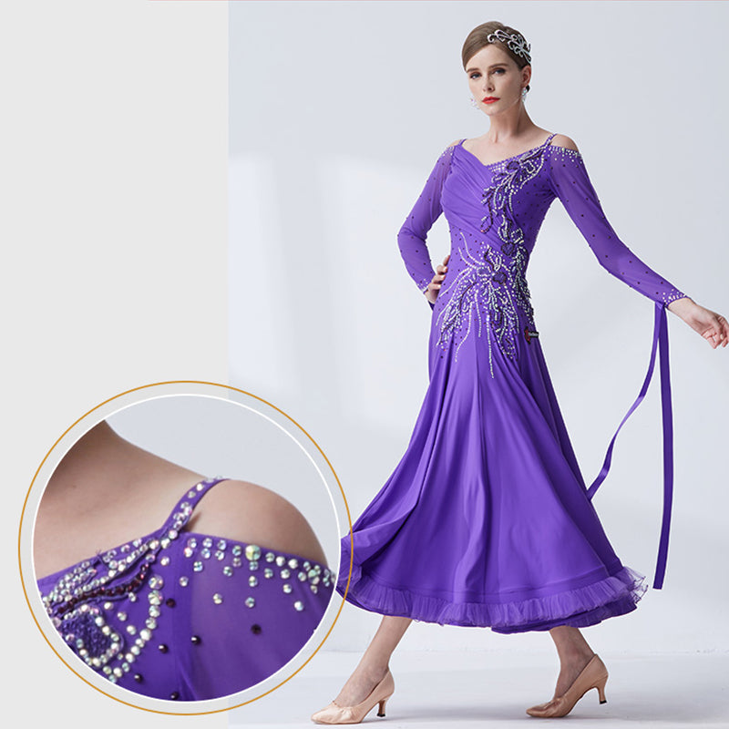 YUN Customisable-Women's Long Sleeve Applique With Applique With Diamonds Waltz Modern Ballroom Dance Dress Competition Dress