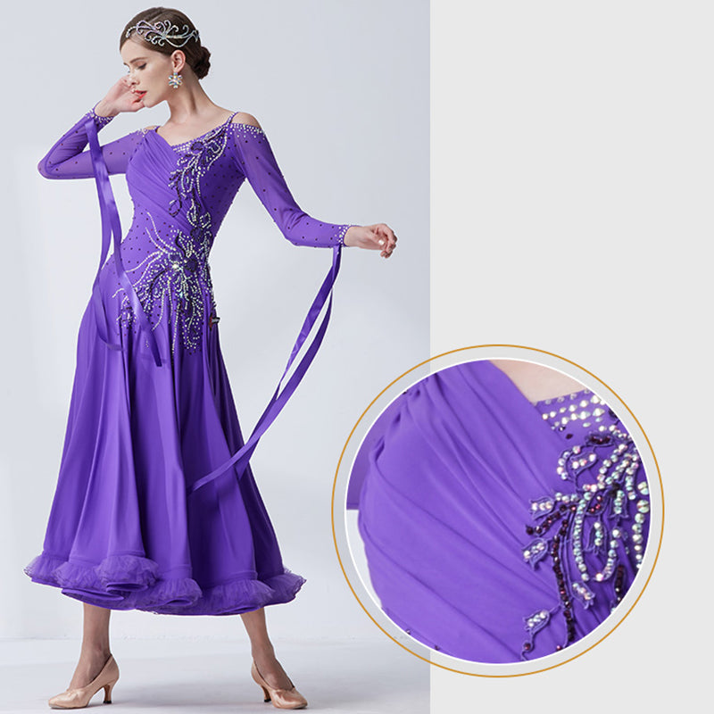 YUN Customisable-Women's Long Sleeve Applique With Applique With Diamonds Waltz Modern Ballroom Dance Dress Competition Dress