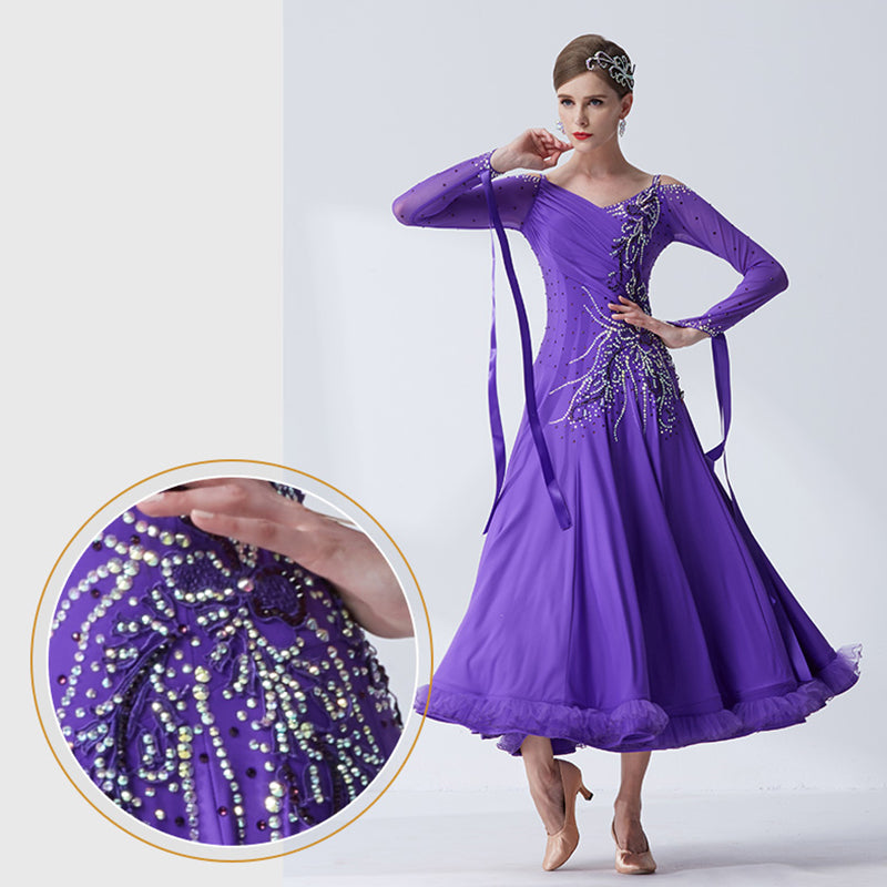 YUN Customisable-Women's Long Sleeve Applique With Applique With Diamonds Waltz Modern Ballroom Dance Dress Competition Dress